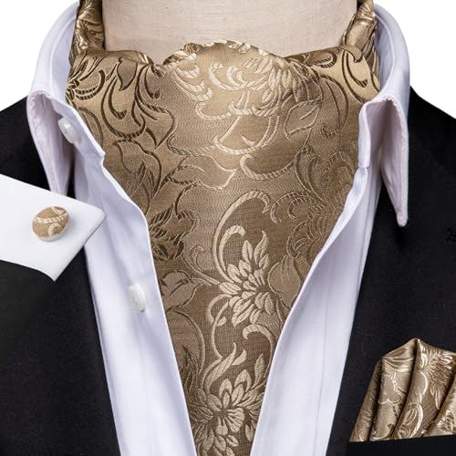Image of Hi-Tie Silk Ascot for Men Self Tie Men's Cravat and Flower Lapel Pin Handkerchief Cufflinks Set for Wedding Party