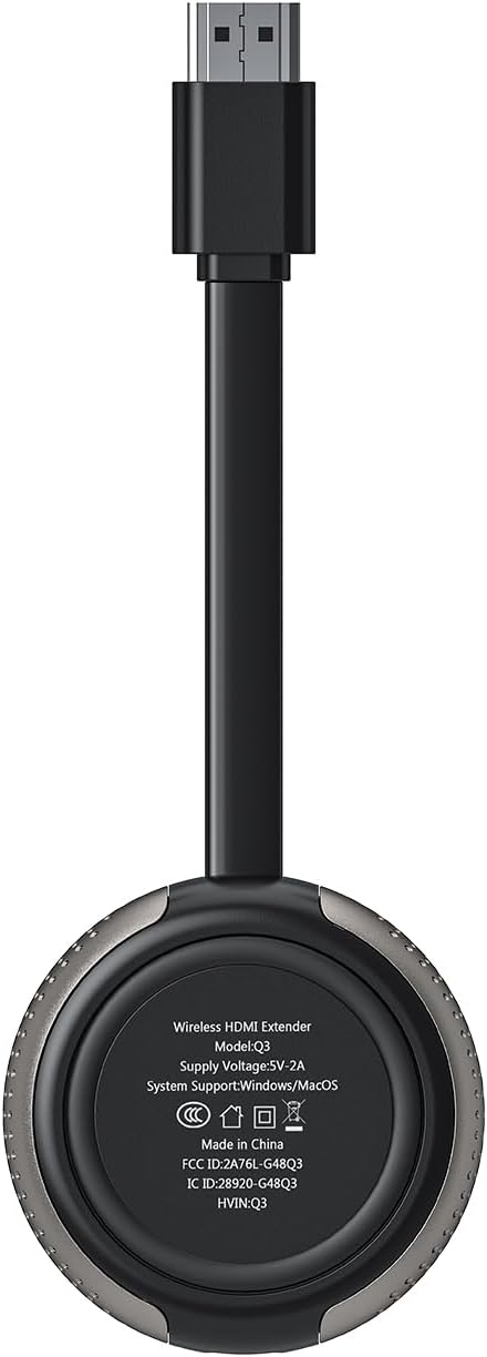 Bottom view of the TIMBOOTECH Wireless HDMI Extender, showing the model number Q3 and power specifications.