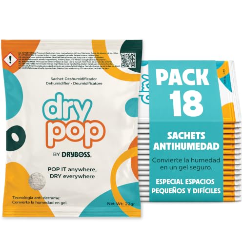 Antihumedad Cajones y Armarios - DRYPOP by DRYBOSS - Bolsitas Absorbe Humedad con Gel Antiderrame - Deshumidificador Fino Sin Electricidad para Ropa y Canapé (18 Sachets x 22g)