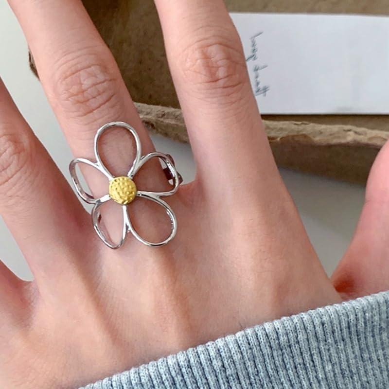 Chunky Thumb Rings For Women, Minimalist Big Hollow Flower Curve Geometry Adjustable Non Tarnish Stainless Steel Jewelry Gift - Image 3