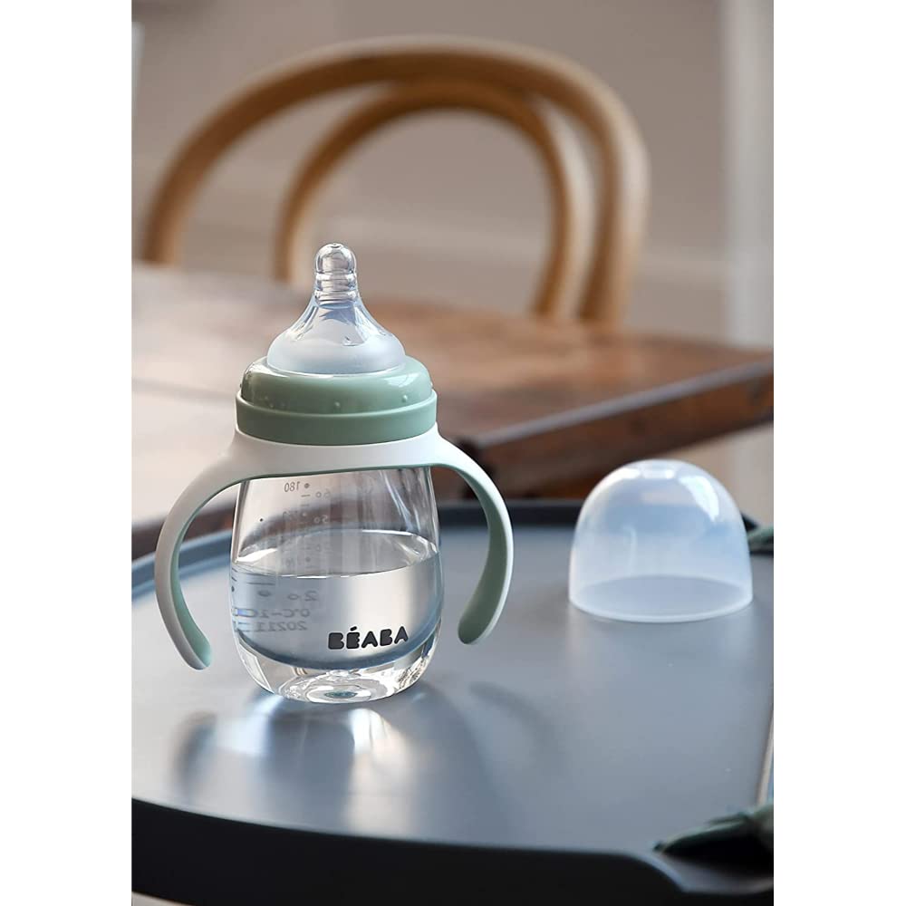 BÉABA, Biberon/Tasse d'apprentissage 2 en 1, Tasse Paille Enfant, 100% étanche, Anti-fuite, Facile à Ouvrir, Poignées amovibles, Tritan et Silicone, 210 ml, Vert sauge