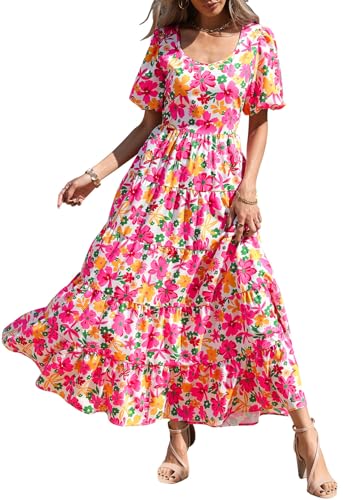 Image of PRETTYGARDEN Puff Short Sleeve Cewneck Floral Long Fall Dresses for Women 2025 Flowy Tiered Hem Maxi Wedding Guest Dress