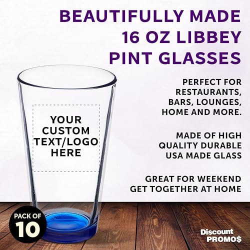 Custom Pint Glass 16 oz. Set of 10, Personalized Bulk Pack - Beer Glasses, Heavy Duty Drinkware - Blue - Thumbnail 3