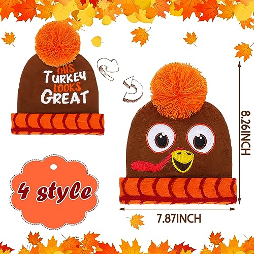 4 Pcs Turkey Pom Pom Beanie Hat Thanksgiving Funny Beanie Turkey Hat Turkey Knitted Cap for Kids Baby Adults Men Women Dress up Costume Running Winter Cosplay3