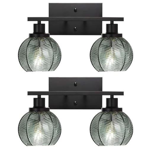 Image of Set of 2 Wall Sconces for Bathroom Modern Vanity Light Fixtures 2-Light Black Wall Sconce with Green Glass Shade Farmhouse Wall Lights for Bedroom Living Room