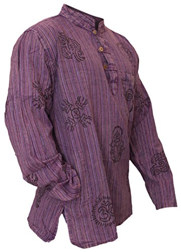 Shopoholic Fashion Men's Hippie Stonewashed Stripe Long Sleeve Cotton Summer Grandad Shirt