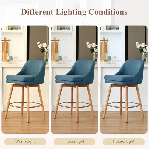 Image of kinmars Modern Bar Stools Set of 2,Swivel Counter Height Bar Stools with Soft Upholstered Back,Thick Seat,Wooden Legs, 27 inch Counter Stools for Kitchen Island (Blue, 2 Pieces - 27 inch Counter Height)