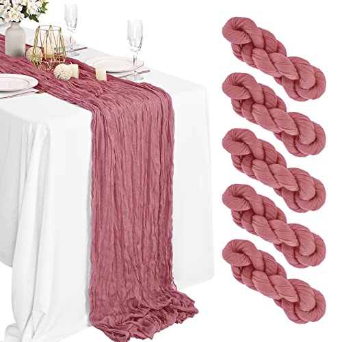 Lykoow 5 Packs 10Ft Dusty Rose Cheesecloth Table Runner, 35" X 120" Rustic Gauze Fabric Boho Table Runner, Cheesecloth Wedding Table Decor Table Cloth For Wedding Party Bridal Shower Table Decorations #TOP4
