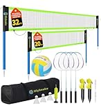 Olybeaka Outdoor Volleyball & Badminton Combo Net Set for Backyard, Beach with 2 Nets, Adjustable Poles, 4 Aluminum Rackets, PU Volleyball, Portable Carry Bag