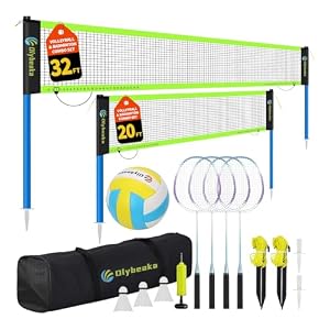 Outdoor Volleyball & Badminton Combo Net Set for Backyard, Beach with 2 Nets, Adjustable Poles, 4 Aluminum Rackets, PU Volleyball, Portable Carry Bag