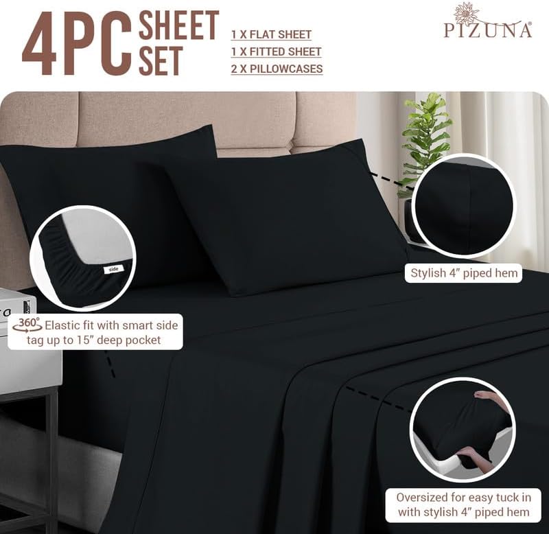 Miniatura 3 de Pizuna - Ropa de cama de 100% tejido de satén de algodón de fibra larga de 400 hilos (juegos de sábanas, juego de funda).