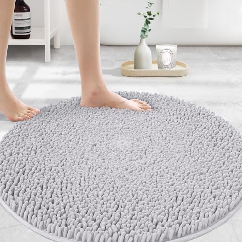 Image of Extra Large Round Area Rug Set for Bathroom 48 inchx48 inch Soft Plush Chenille Bath Mat, Water Absorbent Non-Slip Bathroom Rug | Washable Shag Carpet for Shower, Bedroom, or Home Decor | White