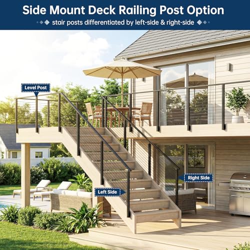 Image of 2 Pack Side Mount Cable Railing Post 36 inch (Post Body 44 inch), Level Drilled Space-Saving Rail Post with 11 Holes, Stainless Steel Fascia Mount Cable Railing System, Black Indoor Outdoor Deck Post