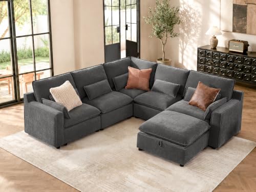 Image of Modern Modular Sectional Sofa,105 inch V Shape Sectional Cloud Couch with Storage Ottoman,Comfty 6 Seat Sofa for Living Room,Grey Chenille