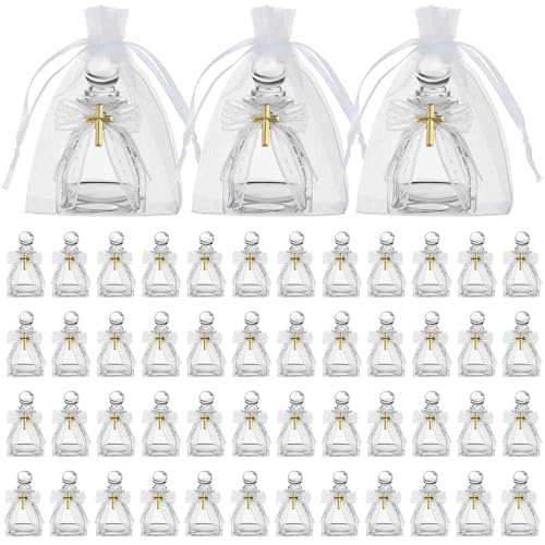 Chuangdi 48 Set Holy Water Bottles Catholic Clear Holy Water Container 50ml Christian Glass Bottle with Cross Lapel Pin and Lace Bow for Communion Gift Church Baptism Wedding Party (White) by Chuangdi - Used condition - US$53.11