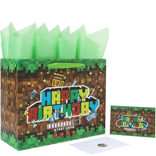 wishinside 13 Large Game Birthday Gift Bag Set with Handles Greeting Card Black Tissue Papers and Stickers for Boys Kids Teens Game-Themed Design 1 Pcs