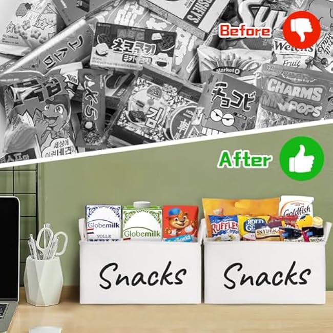 Snack Organizer Basket for Home Office: Snack Bin for Pantry (2 White Baskets)