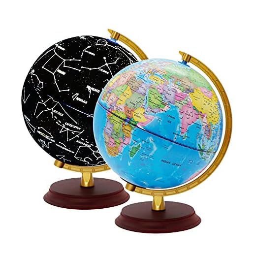 EXERZ 20cm Mappamondo illuminato - Mappa Inglese - Globo Supporto in Legno - Mappa Politica (Giorno) - Stelle Della Costellazione (Notte) - Lampada LED - Casa E Scuola