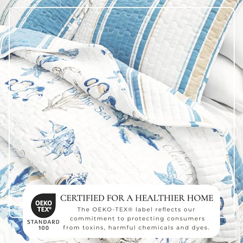 Image of Great Bay Home Coastal Quilt Set - 3-Piece King /California King Size Nautical Bedding Set - Lightweight, All-Season, Reversible Bedspread (Flag Stripe /Ocean Stories)