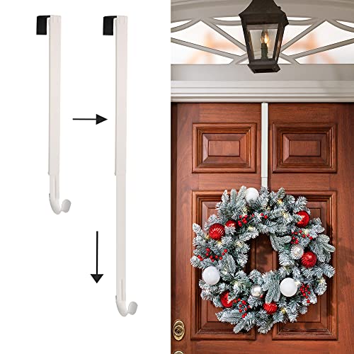 Haute Decor Adapt Adjustable Length Wreath Hanger - Matte White Metal - Holds up to 20 lbs. - Over The Door Long Wreath Hook for Year-Round Indoor or Outdoor Use