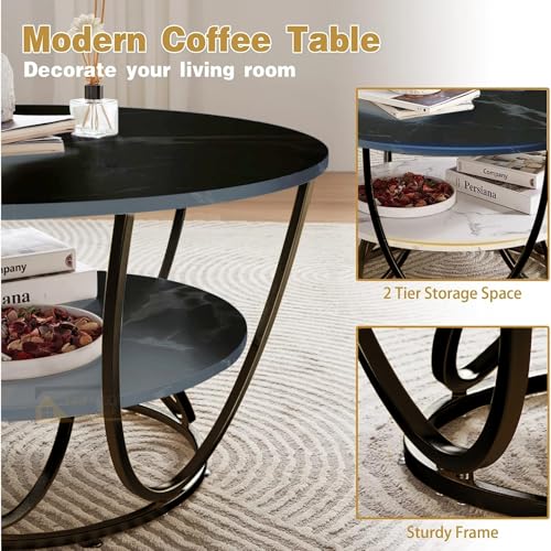 Image of OFHEQEUWIN Round Coffee Tables Accent Center Table Sofa Side Tea Table with 2-Tier Storage for Living Room Office Desk Balcony Wood Desktop and Metal Legs (Full Black)