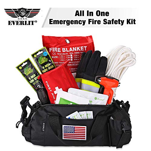 Everlit Survival Emergency Fire Safety Kit With Fire Blanket, Heat Resistant Gloves, Escape Rope, Glass Hammer, Glow Sticks, Flashlight, First Aid Supplies With Burn Injury Care Treatment And More #TOP1