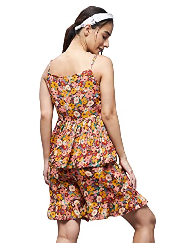 Image of Miss Chase Women's Multicolour Round Neck Sleeveless Floral Ruffled Hem Short Top & Shorts Sets