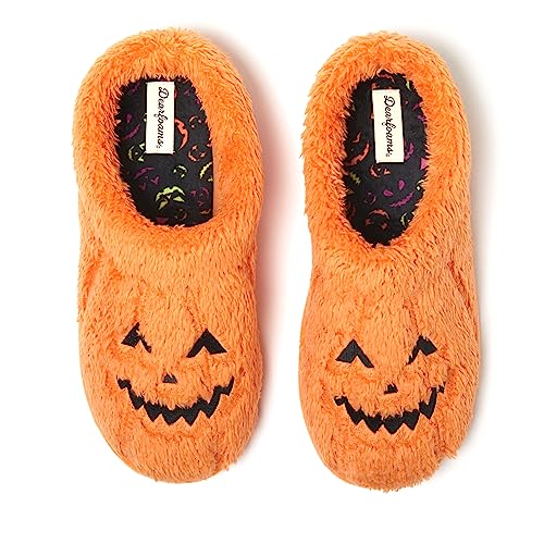 Dearfoams Unisex-Adult Spooky Fuzzy Halloween Pumpkin Jack O Lantern Slipper