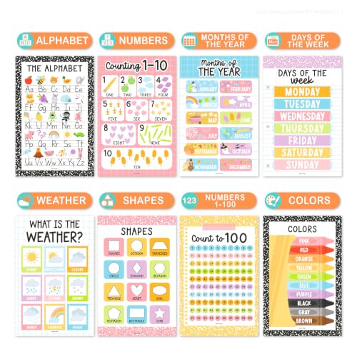Image of Hadley Designs 16 Educational Posters for Classroom Decor - Learning Posters for Toddlers 1-3, Alphabet for Classroom Wall, Daycare Essentials, Homeschool Posters Preschool, Pastel Playroom Decor