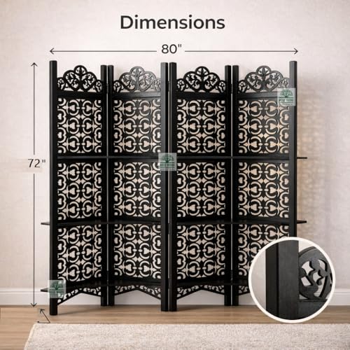 Image of Wooden Room Divider 6 Feet, 4-Panel Folding Wooden Partition for Living Room, Office, Pooja Room, Restaurant, Kitchen & Balcony (2W x 1.82H Meters). (Black-Lattice)