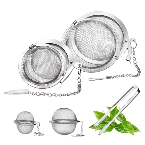 4 Pz Infusore per Tisane, Infusore Tè in Acciaio Inox, Filtro Te Infusione, Filtro per Tisane Tè Sfuso con Catena, Colino da Te Filtros per Teiere e Razze (5 cm, 7 cm), con 1 paio di pinze