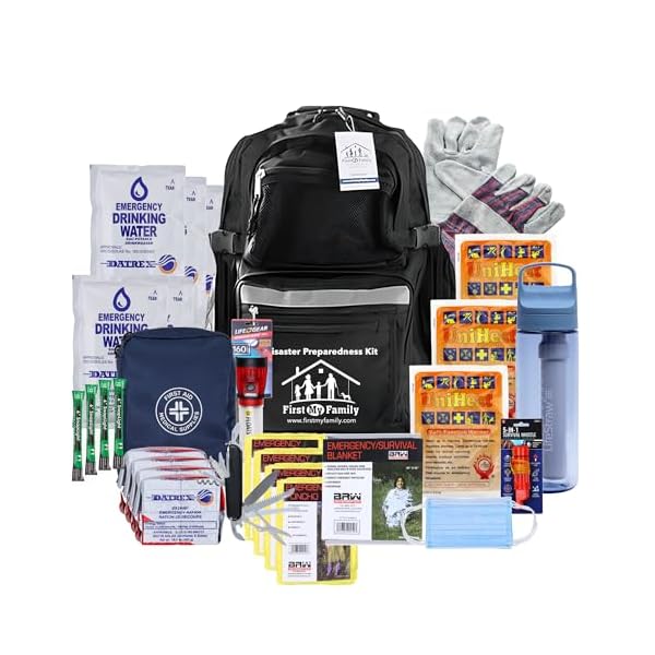 First My Family 4-Person Emergency Survival Kit with LifeStraw Water Filter - Disaster Preparedness Backpack with Hurricane and Earthquake Supplies, 72 Hour Survival Gear