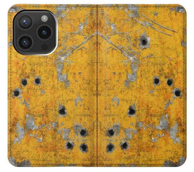 Étui flip pour iPhone 15 Pro en cuir premium jaune façon métal