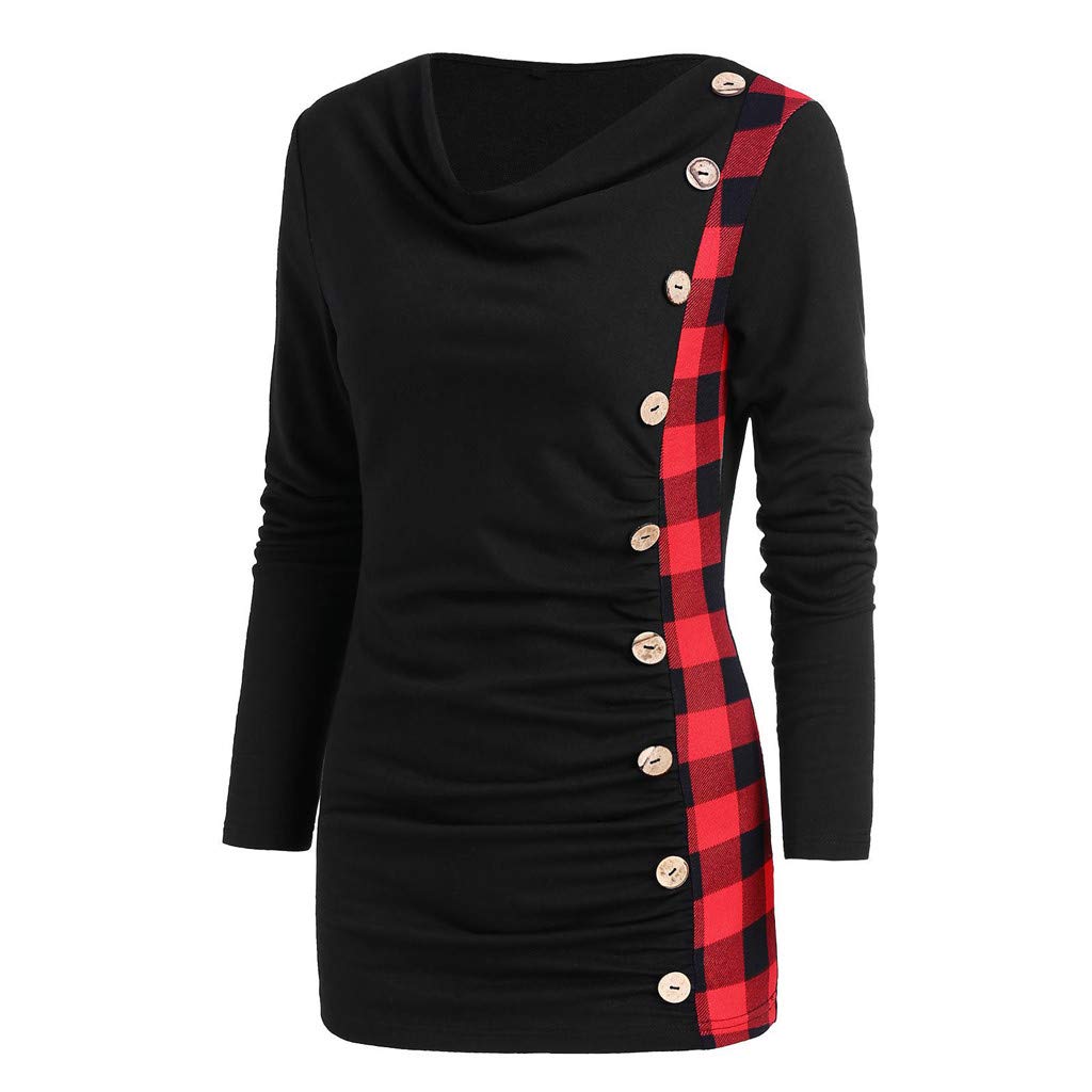 BEAUTYVAN Plus Size Tops,Womens Spring Plaid Long Sleeve Button up Blouse Shirt Crew Neck Sweatshirts