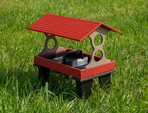 JCs Wildlife Large Ground Fly Thru Bird Feeders - Holds 8 Cups of Bird Seed - Removable Tray Makes Cleaning Easy - Covered Platform Bird Feeder - Red and Tan JCs Wildlife Large Ground Fly Thru Bird Feeders - Holds 8 Cups of Bird Seed - Removable Tray Makes Cleaning Easy - Covered Platform Bird Feeder - Red and Tan