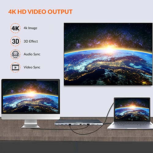 Image of Tukzer USB C to 12 in 1 HUB Dock MST, Type C to 4K HDMI, VGA DisplayPort Ethernet Adapter| 100W Power Delivery, 3 USB 3.0, SD /TF Card Reader, 3.5mm Audio for iPad MacBook Laptop Notebook Android(Grey)