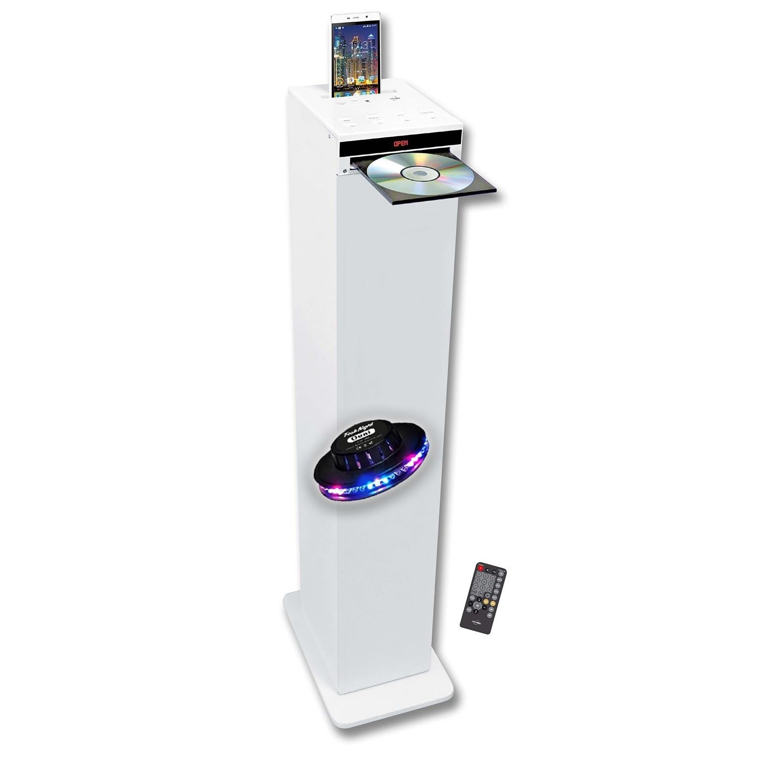 gef-roy Enceinte Colonne Blanche avec Lecteur CD, Bluetooth, FM et USB, 60W, télécommande, Jeu de lumière OVNI LED
