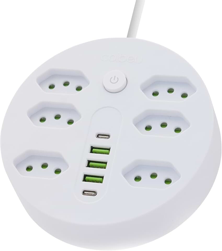 Extensão Tomada, Régua Tomada, Régua de Energia, 6 Tomadas, 3 Interfaces USB, 2 Porta USB Tipo-C, Cabo de Alimentação de 1,9 metros, Suporte a Tensão de 110-220V, Potência de 2500W, Branco