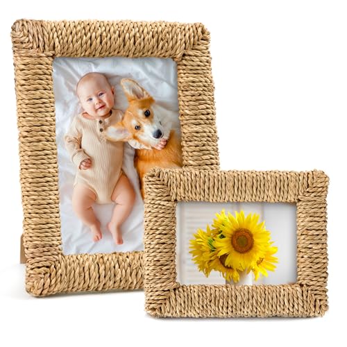 COZFUR 2 Pcs Rattan Picture Frame, 4x6 & 5x7 Boho