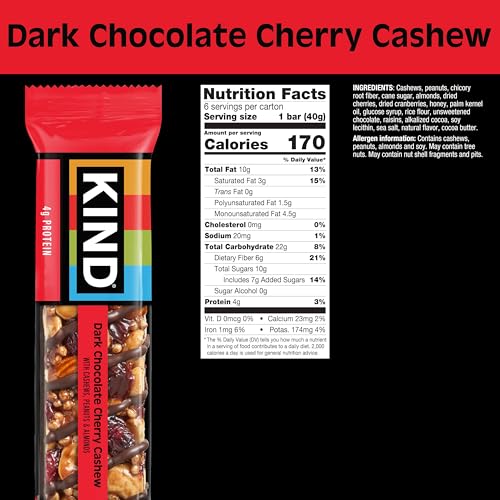 Image of KIND Healthy Snacks Bars, Dark Chocolate Cherry Cashew, Gluten Free, High Fiber Snacks, 4g Protein, 6 Count