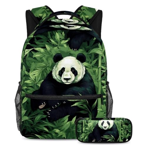 Sac à dos Art Panda bambou vert grand format et trousse pour étudiant mixte
