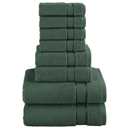 Image of Elegant Comfort Premium Cotton 8-Piece Towel Set, Includes 4 Washcloths, 2 Hand Towels and 2 Bath Towels, 100% Turkish Cotton - Highly Absorbent and Super Soft Towels for Bathroom, Hunter Green
