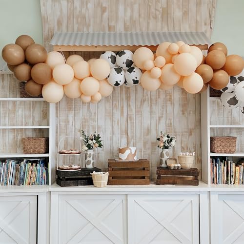 Image of Cow Balloons Garland Arch Kit, 118pcs Brown Apricot Balloons Arch Kit 18 /12 /10 /5 inch Brown Nude Tan White Latex Balloons for Woodland Cow Farm Theme Party Cowboy Birthday Baby Shower Decoration