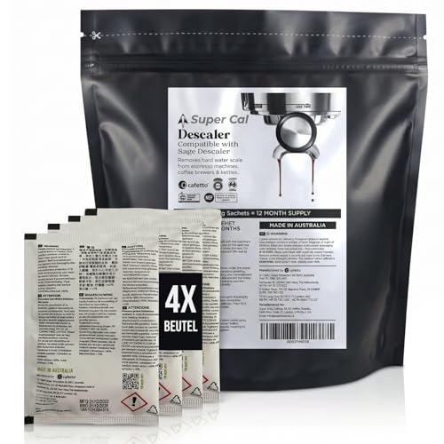 Sage Entkalker Kaffeevollautomat & Kaffeemaschine - NSF & ACO zertifiziert 4×25g Entkalkungspulver 12 Monate Vorrat hergestellt von Cafetto Hersteller der Sage Produkte Sage Descaler by Super Cal