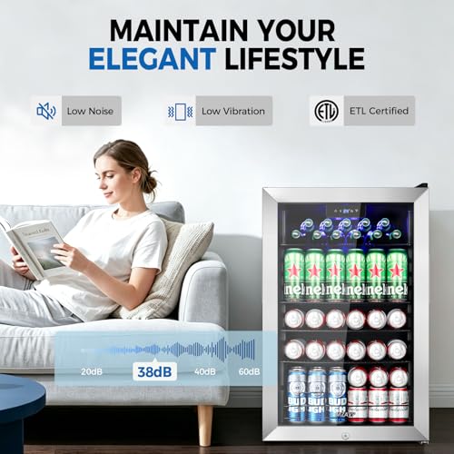 Image of 20 Inch Beverage Refrigerator Cooler, 145 Cans Mini Fridge with Glass Door&Lock, Small Drink Cooler Freestanding /Counter-Top for Soda, Beer with LED Light for Home Bar Office - 3.4 Cu.Ft, Silver