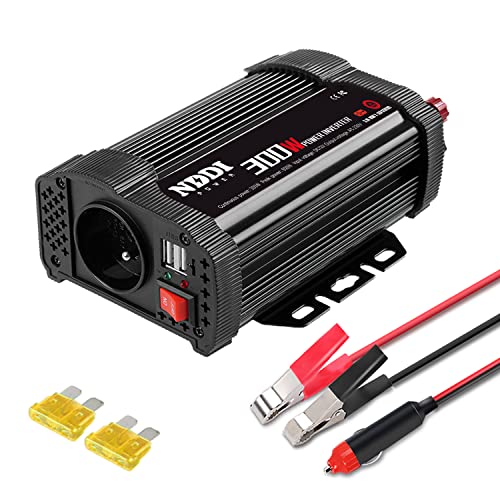 NDDI POWER 300W Inversor de Energía para Coche, Convertidor de CA de 12V a 230V, Auto, RV, Camping, Transformador con 1 EU Toma Y Dual Puertos USB 5V/2.4A para iPhone, iPad Y Tableta