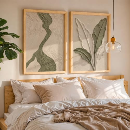 Image of NoWorries Textured Botanical Leaf Wall Painting Set of 2 with Frame | Sage Green & Beige Abstract Nature Artwork, Minimal Modern Wall Decor for Living Room, Bedroom, Office and Home Decoration (Art-1, 13x19inch)