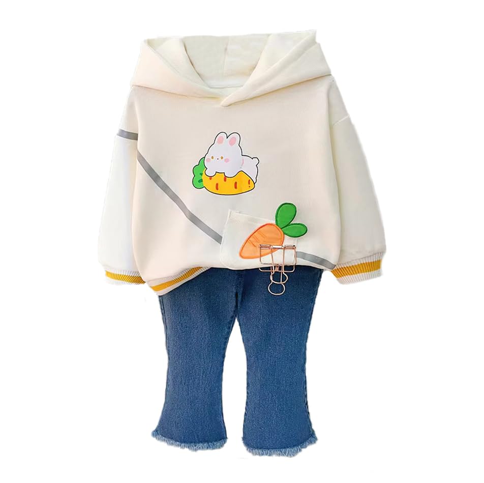 Image of Bold N Elegant Girl's Denim Solid Full Sleeve Bunny Print Sweatshirt Hoodie And Jeans With Frayed Hem