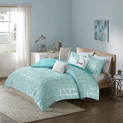 Intelligent Design Raina Comforter Microfiber Metallic Print Geometric Design Embroidered Toss Pillow Modern Trendy Casual All Season Bedding Set Matching Sham, Twin/Twin XL, Aqua/Silver 4 Piece