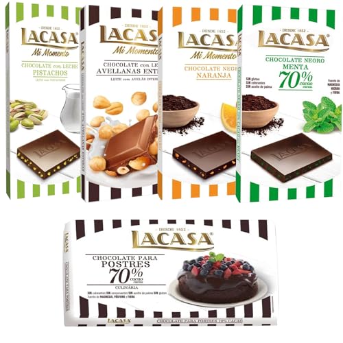 Lacasa pack 5 tabletas de chocolate:leche avellanas , naranja chocolate negro ,leche pistacho 90g, menta y chocolate ,culinaria 200g